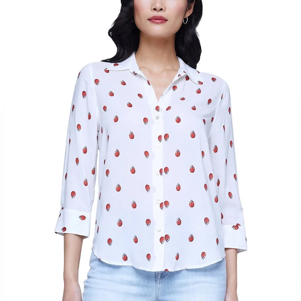 NWT L'Agence White Camille Ladybug Print Button-Up Shirt Size S - Picture 15 of 16